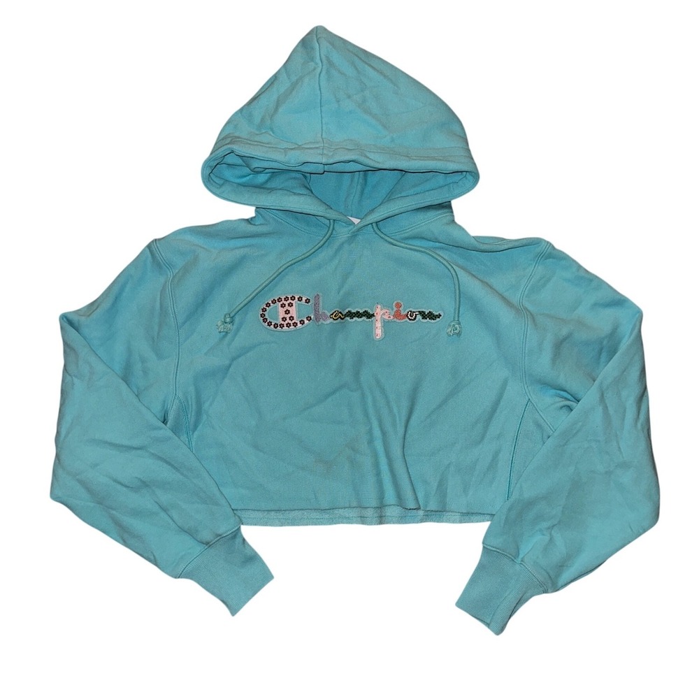 Champion Reverse Weave Cropped Hoodie Turquoise Blue Beaded Logo Womens Medium